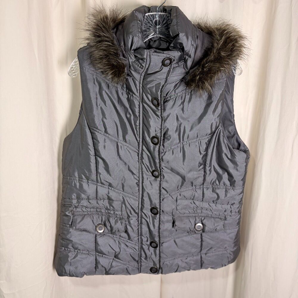 New York & Company Pewter Grey Quilted Puffer Vest Faux Fur Hood L